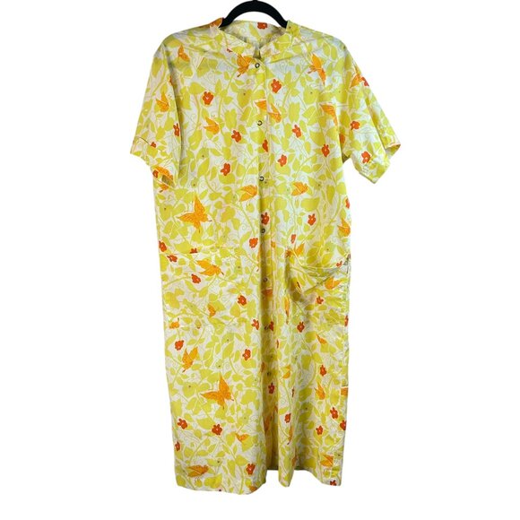Vtg Cottagecore Nap Dress Yellow Orange Floral Butterfly House Dress Handmade - Picture 1 of 5